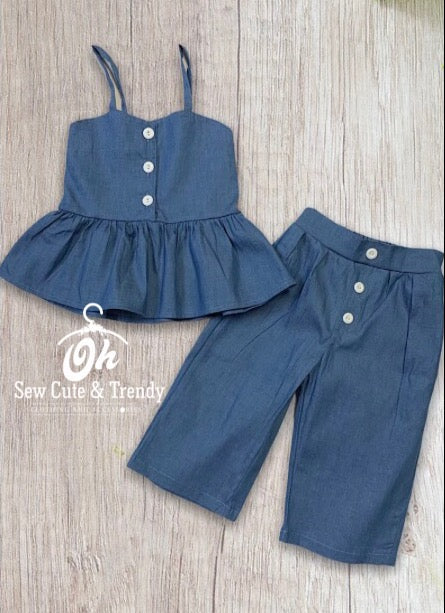 Denim Blue Ruffle Top with Capri Pants